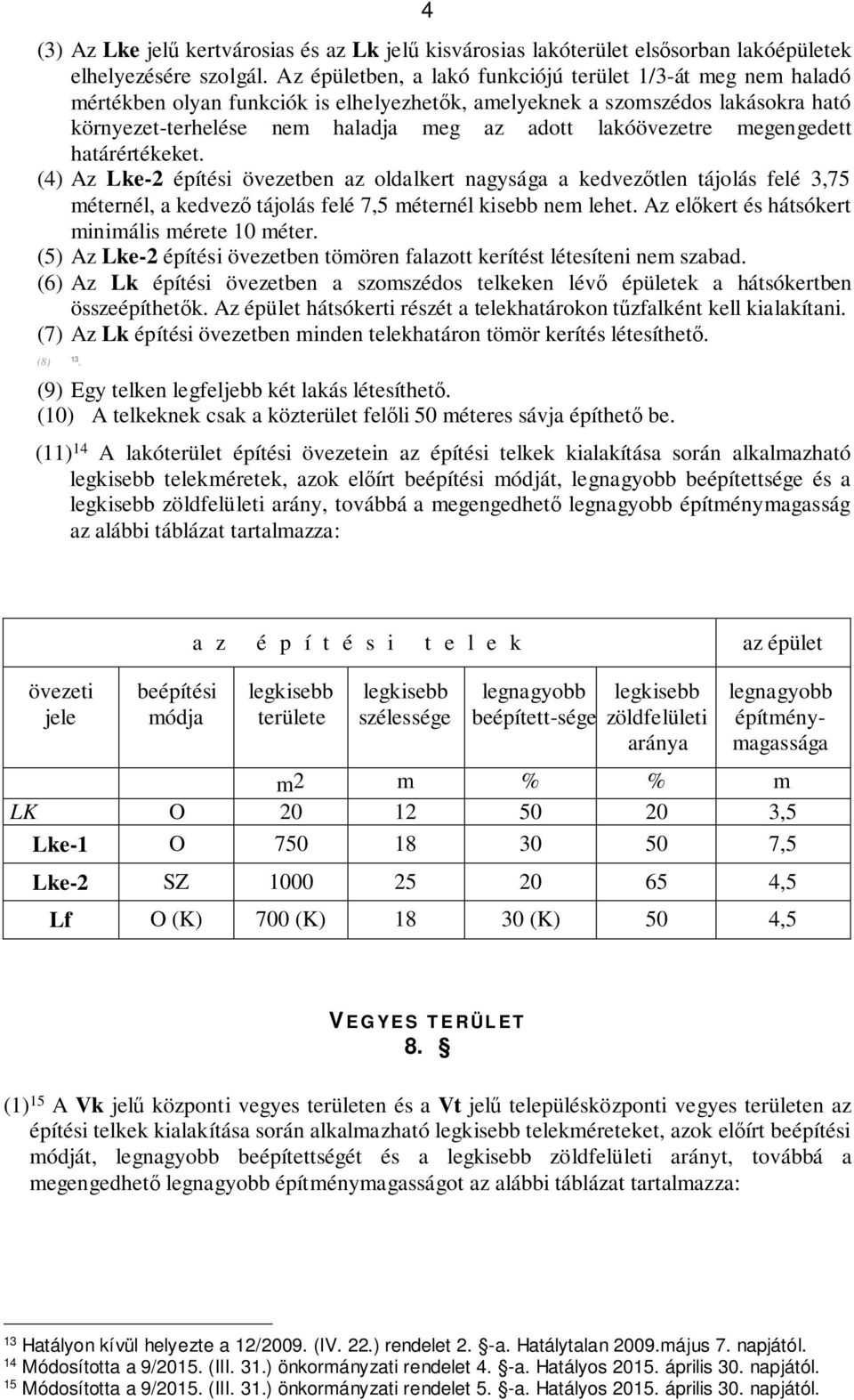 lakóövezetre megengedett határértékeket. (4) Az Lke-2 építési övezetben az oldalkert nagysága a kedvezőtlen tájolás felé 3,75 méternél, a kedvező tájolás felé 7,5 méternél kisebb nem lehet.