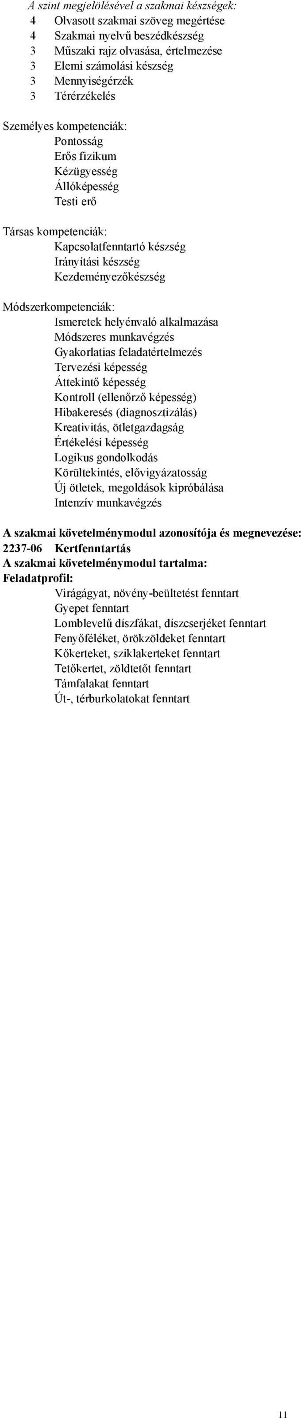 Módszerkompetenciák: Módszeres munkavégzés Gyakorlatias feladatértelmezés Tervezési képesség Áttekintő képesség Kontroll (ellenőrző képesség) Hibakeresés (diagnosztizálás) Kreativitás, ötletgazdagság