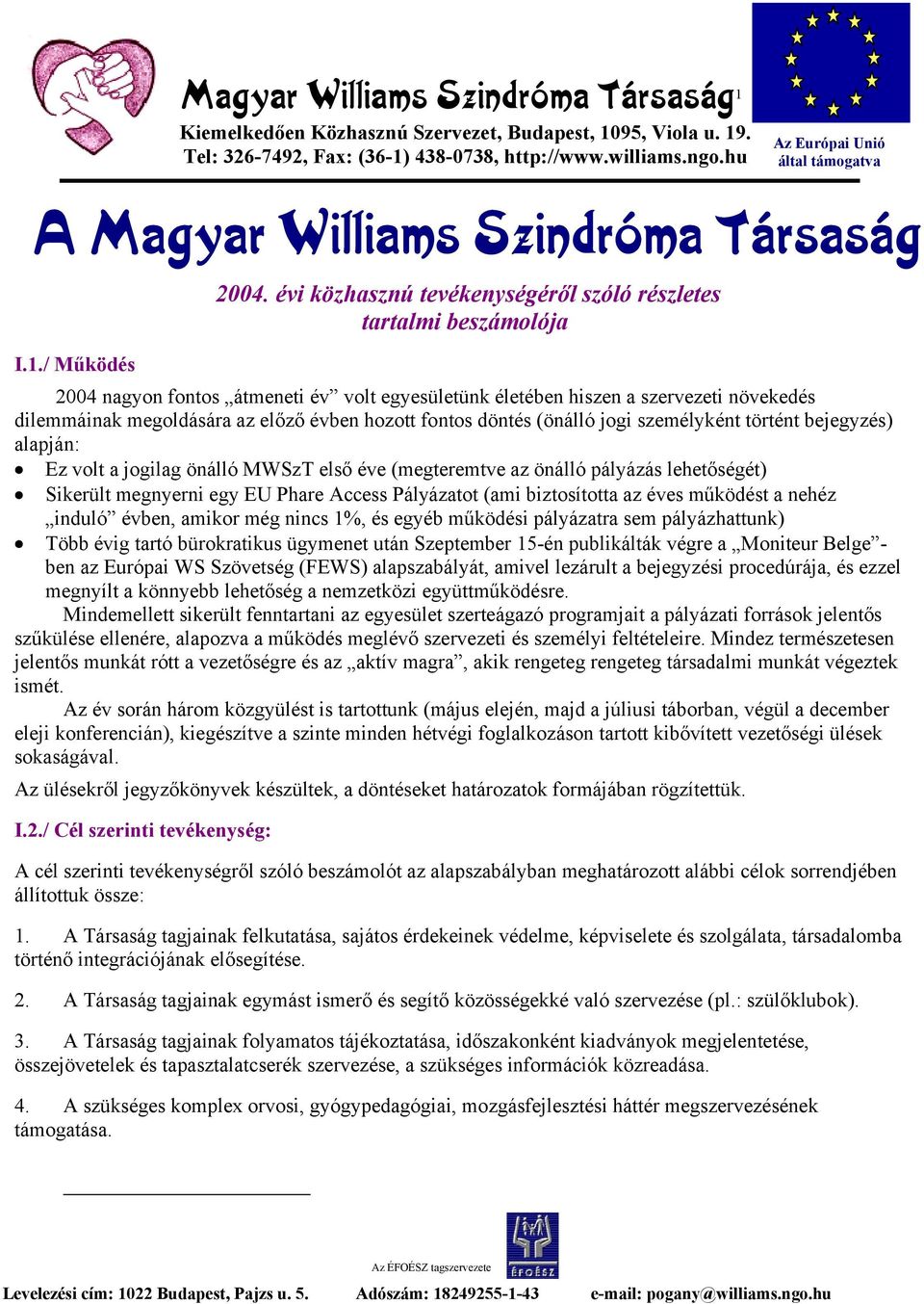 / Működés 2004 nagyon fontos átmeneti év volt egyesületünk életében hiszen a szervezeti növekedés dilemmáinak megoldására az előző évben hozott fontos döntés (önálló jogi személyként történt