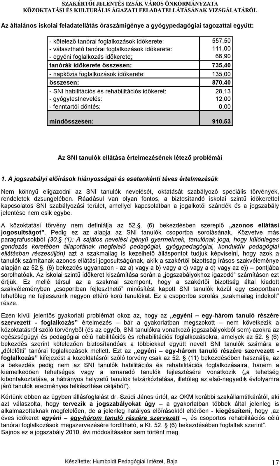 40 - SNI habilitációs és rehabilitációs időkeret: 28,13 - gyógytestnevelés: 12,00 - fenntartói döntés: 0,00 mindösszesen: 910,53 Az SNI tanulók ellátása értelmezésének létező problémái 1.