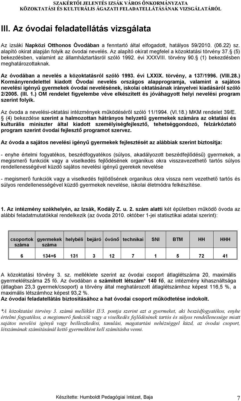 Az óvodában a nevelés a közoktatásról szóló 1993. évi LXXIX. törvény, a 137/1996. (VIII.28.