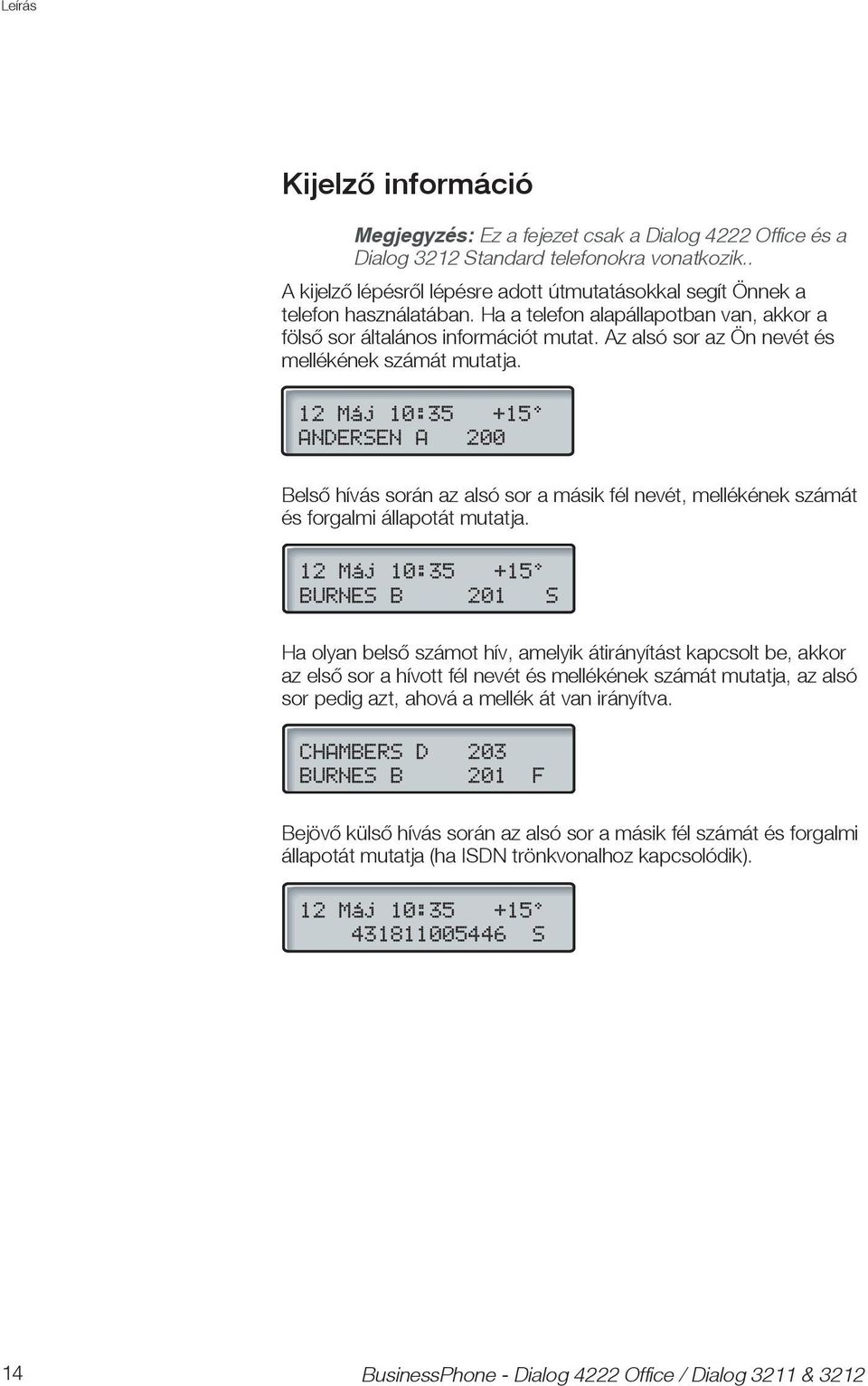 Az alsó sor az Ön nevét és mellékének számát mutatja. 12 Máj 10:35 +15º ANDERSEN A 200 Belső ívás során az alsó sor a másik fél nevét, mellékének számát és forgalmi állapotát mutatja.