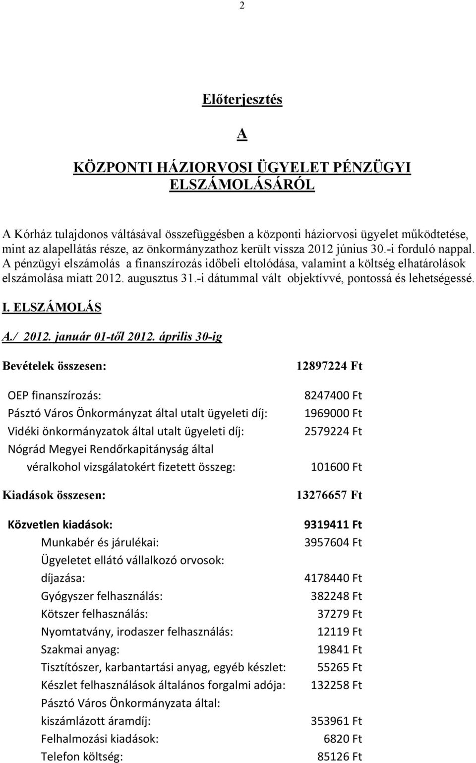 -i dátummal vált objektívvé, pontossá és lehetségessé. I. ELSZÁMOLÁS A./ 2012. január 01-től 2012.