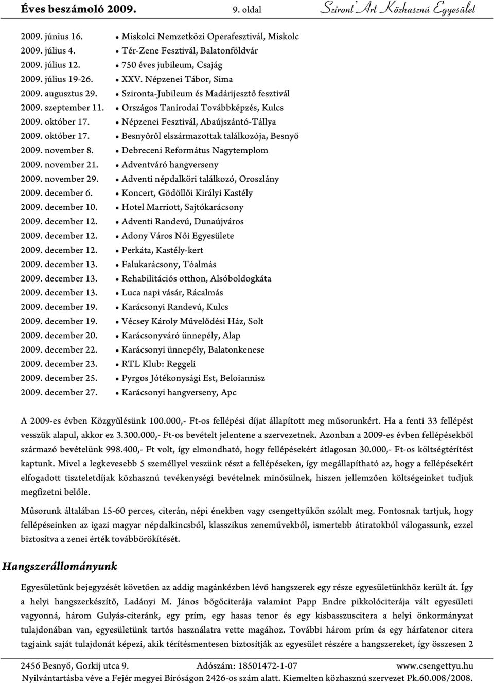 Országos Tanirodai Továbbképzés, Kulcs 2009. október 17. Népzenei Fesztivál, Abaújszántó-Tállya 2009. október 17. Besnyőről elszármazottak találkozója, Besnyő 2009. november 8.