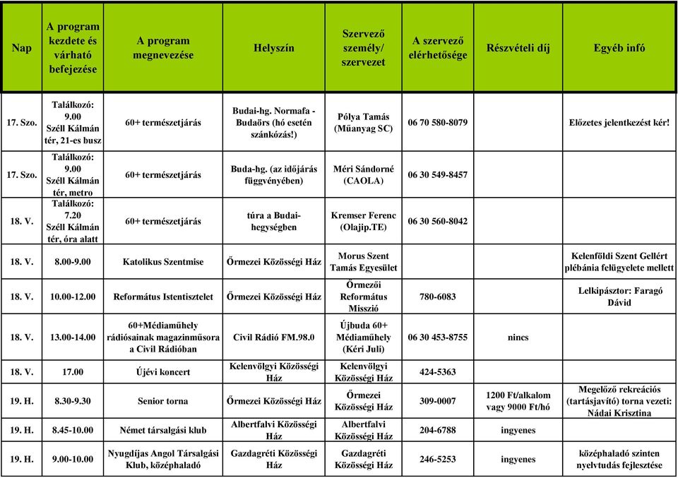 00 60+Médiaműhely rádiósainak magazinműsora a Civil Rádióban 18. V. 17.00 Újévi koncert Civil Rádió FM.98.0 Közösségi 19. H. 8.30-9.30 Senior torna 19. H. 8.45-10.00 Német társalgási klub 19. H. 9.