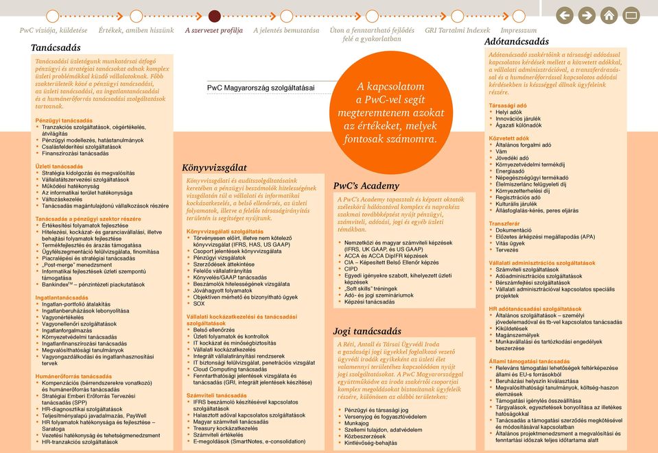 PwC Magyarország szolgáltatásai Pénzügyi tanácsadás Tranzakciós szolgáltatások, cégértékelés, átvilágítás Pénzügyi modellezés, hatástanulmányok Csalásfelderítési szolgáltatások Finanszírozási