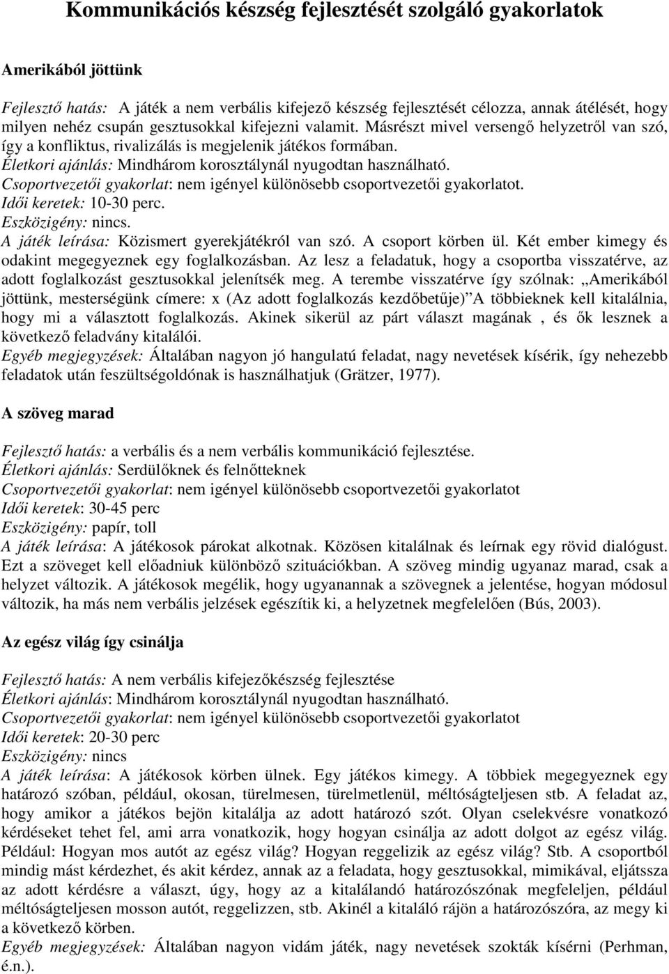 . A játék leírása: Közismert gyerekjátékról van szó. A csoport körben ül. Két ember kimegy és odakint megegyeznek egy foglalkozásban.