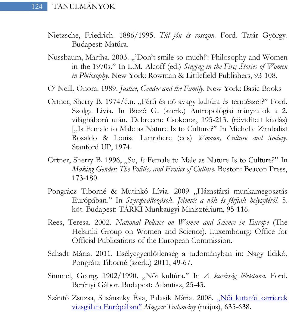 1974/é.n. Férfi és nő avagy kultúra és természet? Ford. Szolga Lívia. In Biczó G. (szerk.) Antropológiai irányzatok a 2. világháború után. Debrecen: Csokonai, 195-213.