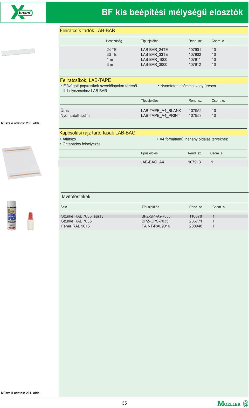 Nyomtatott számmal vagy üresen Típusjelölés Rend. sz. Csom. e. Üres Nyomtatott szám LAB-TAPE_A4_BLANK 107952 10 LAB-TAPE_A4_PRINT 107953 10 Műszaki adatok: 230.