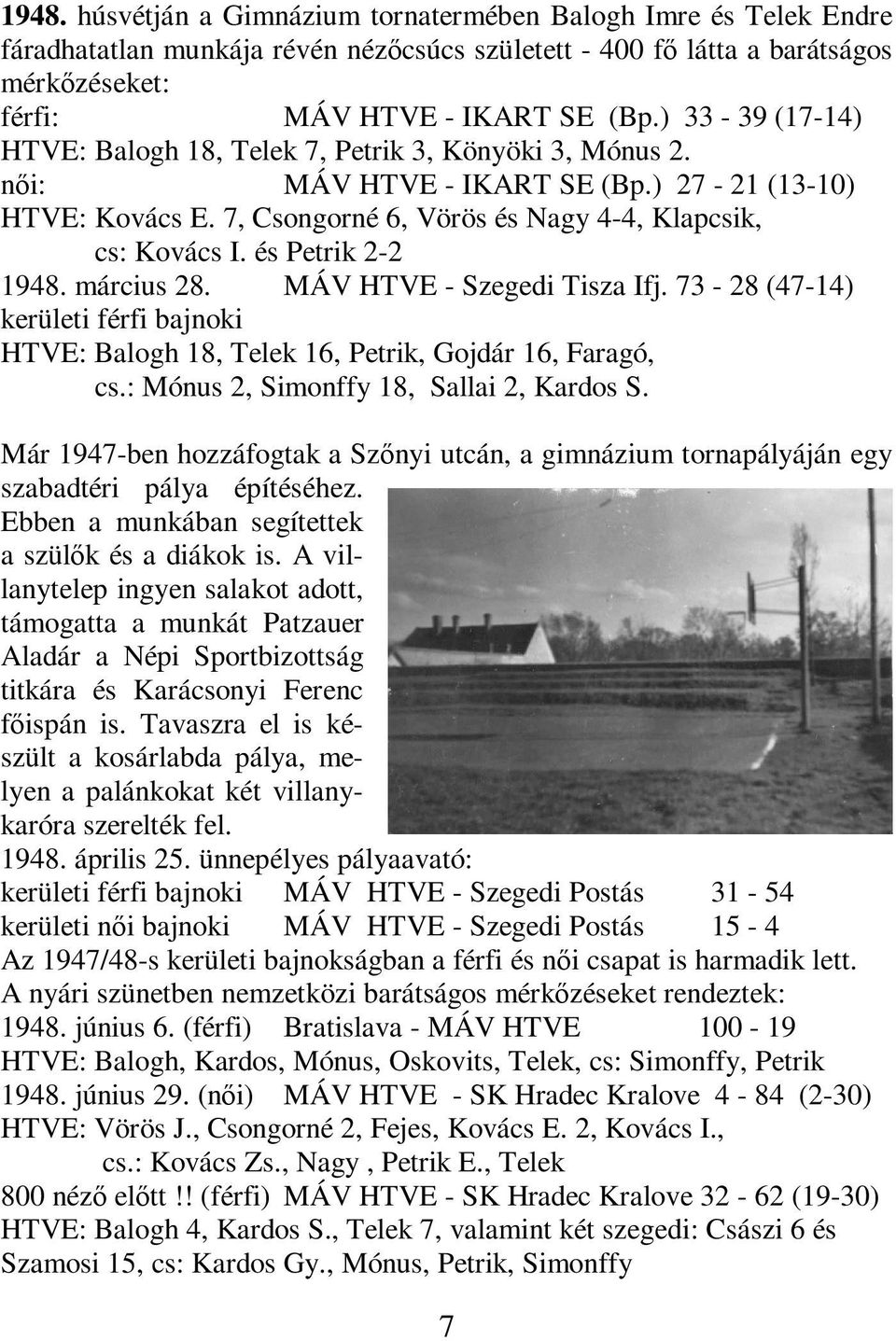 és Petrik 2-2 1948. március 28. MÁV HTVE - Szegedi Tisza Ifj. 73-28 (47-14) kerületi férfi bajnoki HTVE: Balogh 18, Telek 16, Petrik, Gojdár 16, Faragó, cs.: Mónus 2, Simonffy 18, Sallai 2, Kardos S.