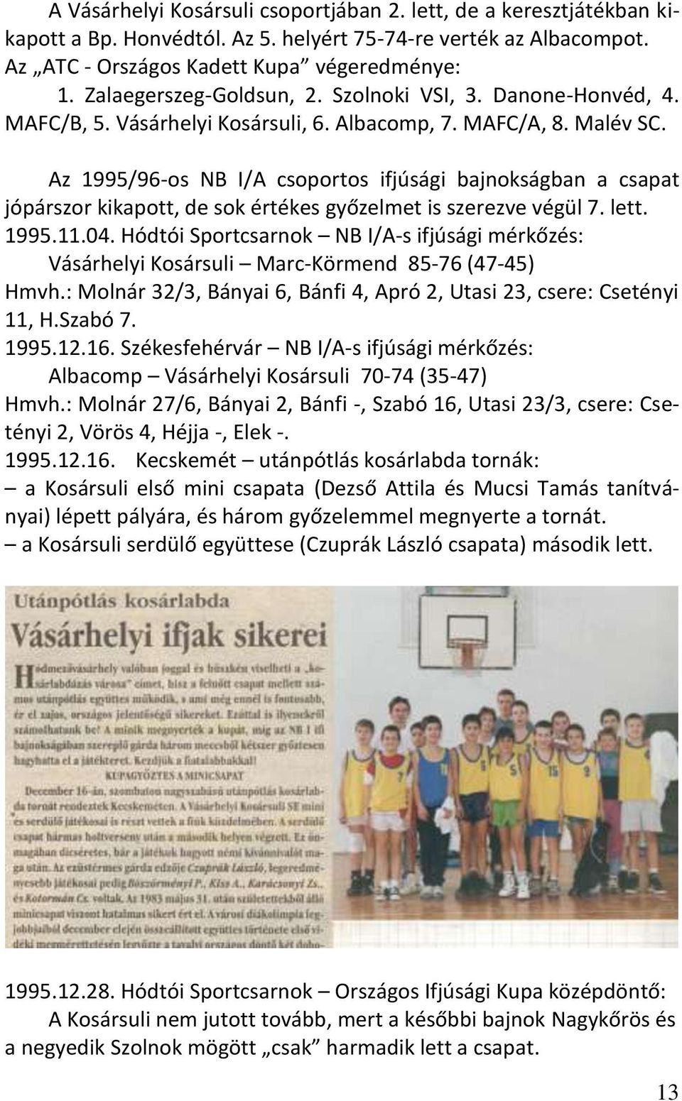 Az 1995/96-os NB I/A csoportos ifjúsági bajnokságban a csapat jópárszor kikapott, de sok értékes győzelmet is szerezve végül 7. lett. 1995.11.04.