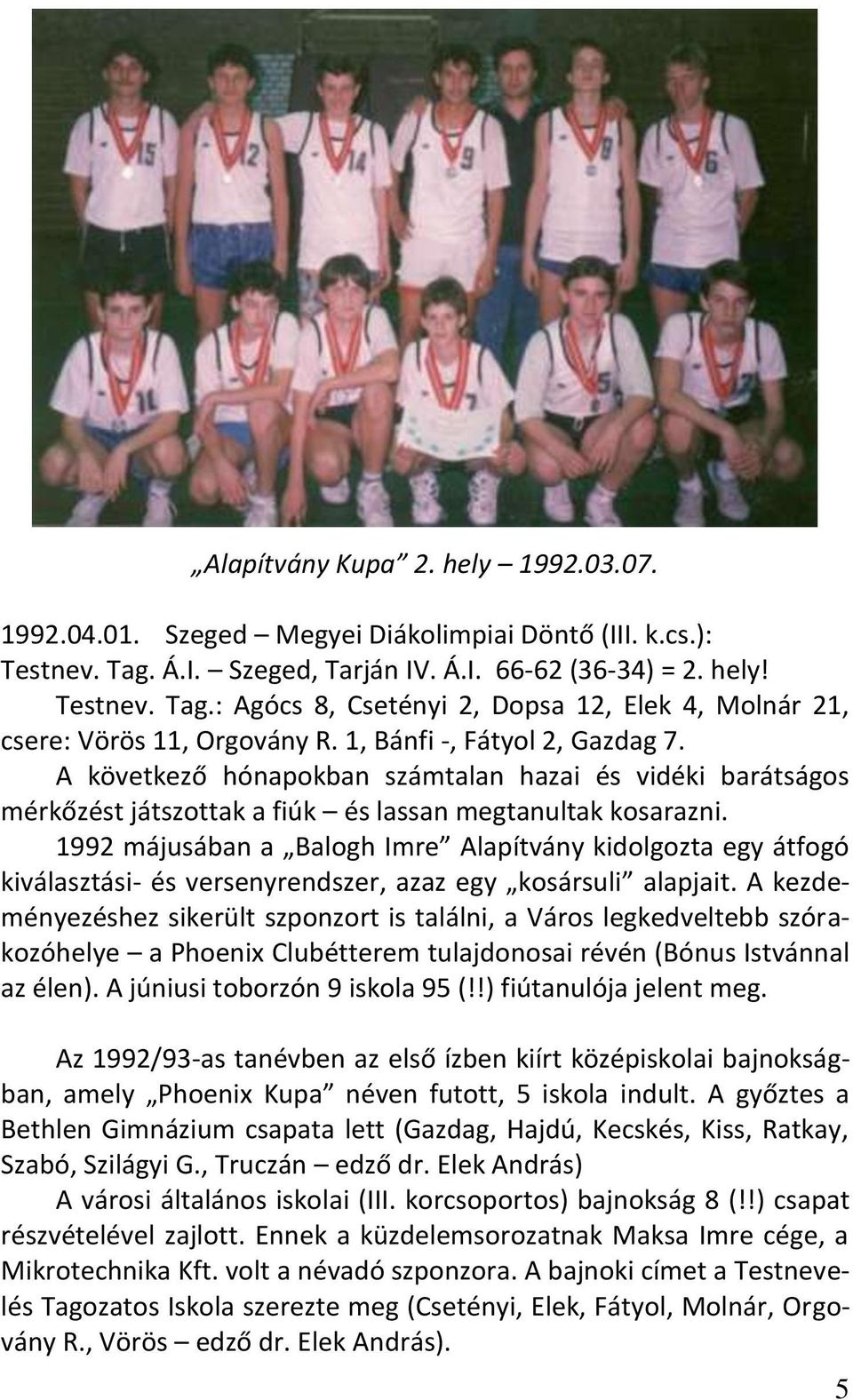 1992 májusában a Balogh Imre Alapítvány kidolgozta egy átfogó kiválasztási- és versenyrendszer, azaz egy kosársuli alapjait.