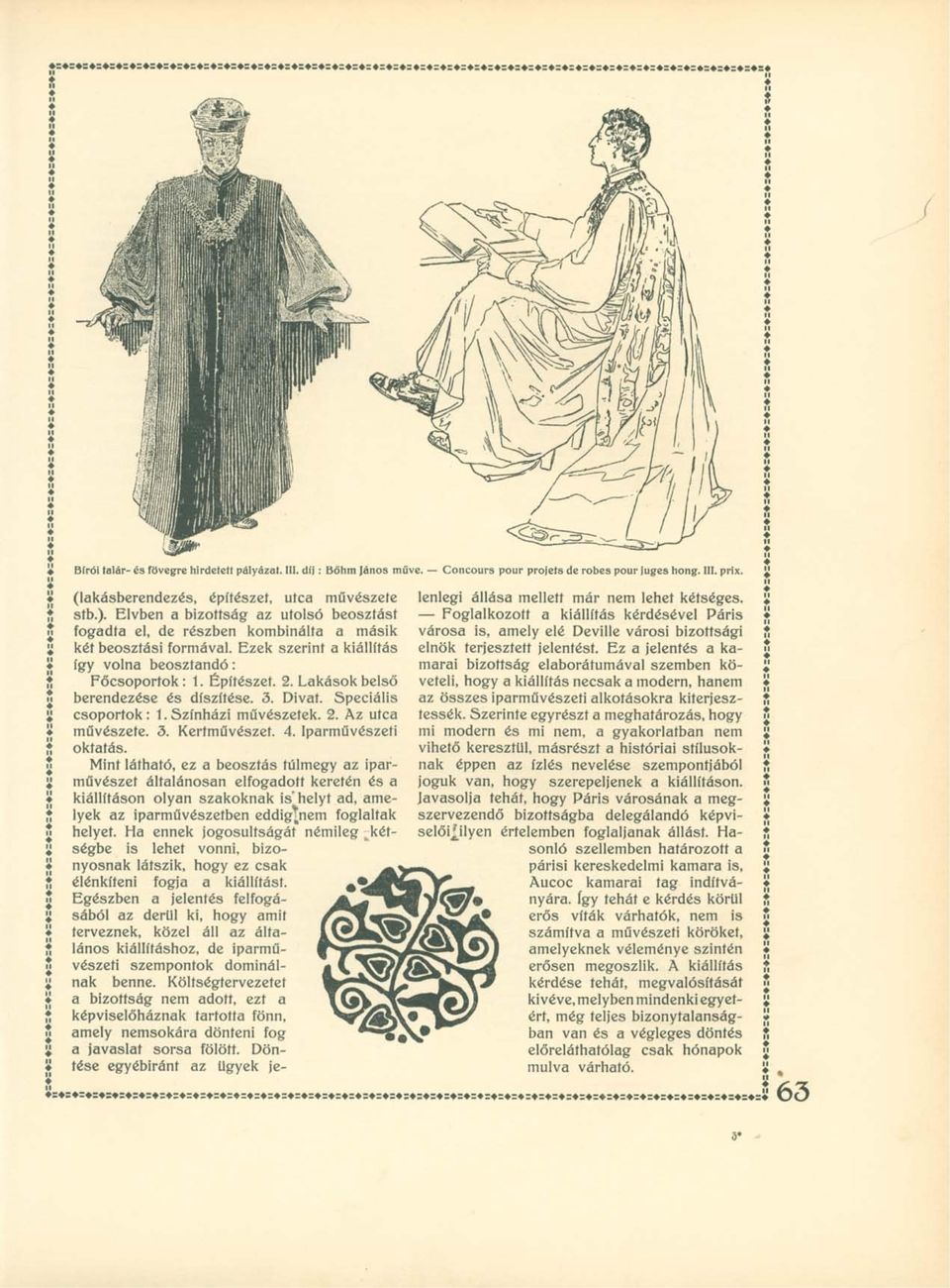 Lakások belső berendezése és díszítése. 3. Divat. Speciális csoportok: 1. Színházi művészetek. 2. Az utca művészete. 3. Kertművészet. 4. Iparművészeti oktatás.