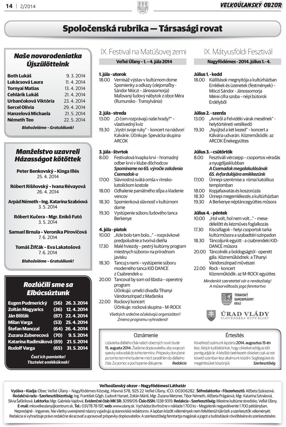 4. 2014 Arpád Németh Ing. Katarína Szabóová 3. 5. 2014 Róbert Kučera Mgr. Enikő Futó 3. 5. 2014 Samuel Brnula Veronika Pirovičová 7. 6. 2014 Tomáš Žifčák Eva Lakatošová 7. 6. 2014 Blahoželáme Gratulálunk!