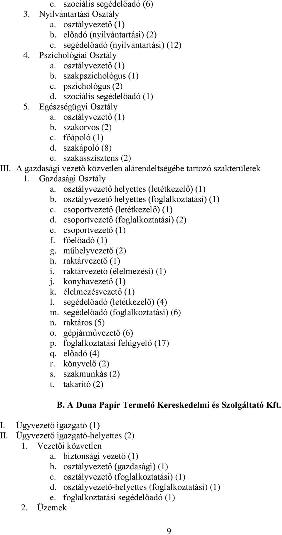 A gazdasági vezető közvetlen alárendeltségébe tartozó szakterületek 1. Gazdasági Osztály a. osztályvezető helyettes (letétkezelő) (1) b. osztályvezető helyettes (foglalkoztatási) (1) c.