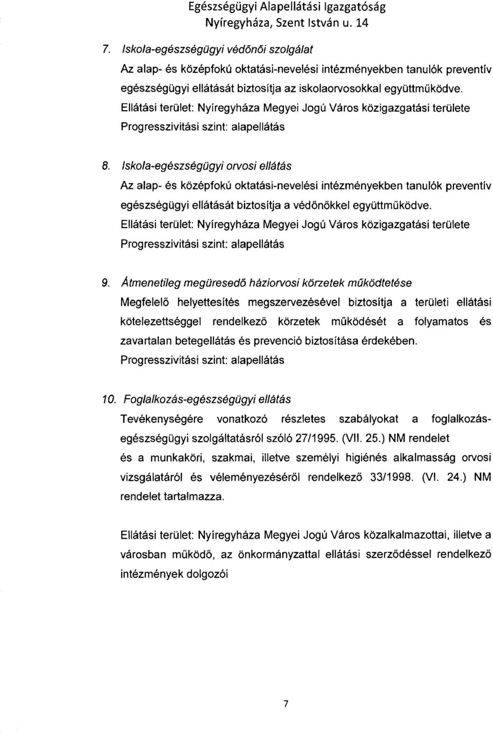 Ellátási terület: Nyíregyháza Megyei Jogú Város közigazgatási területe Progresszivitási szint: alapellátás 8.