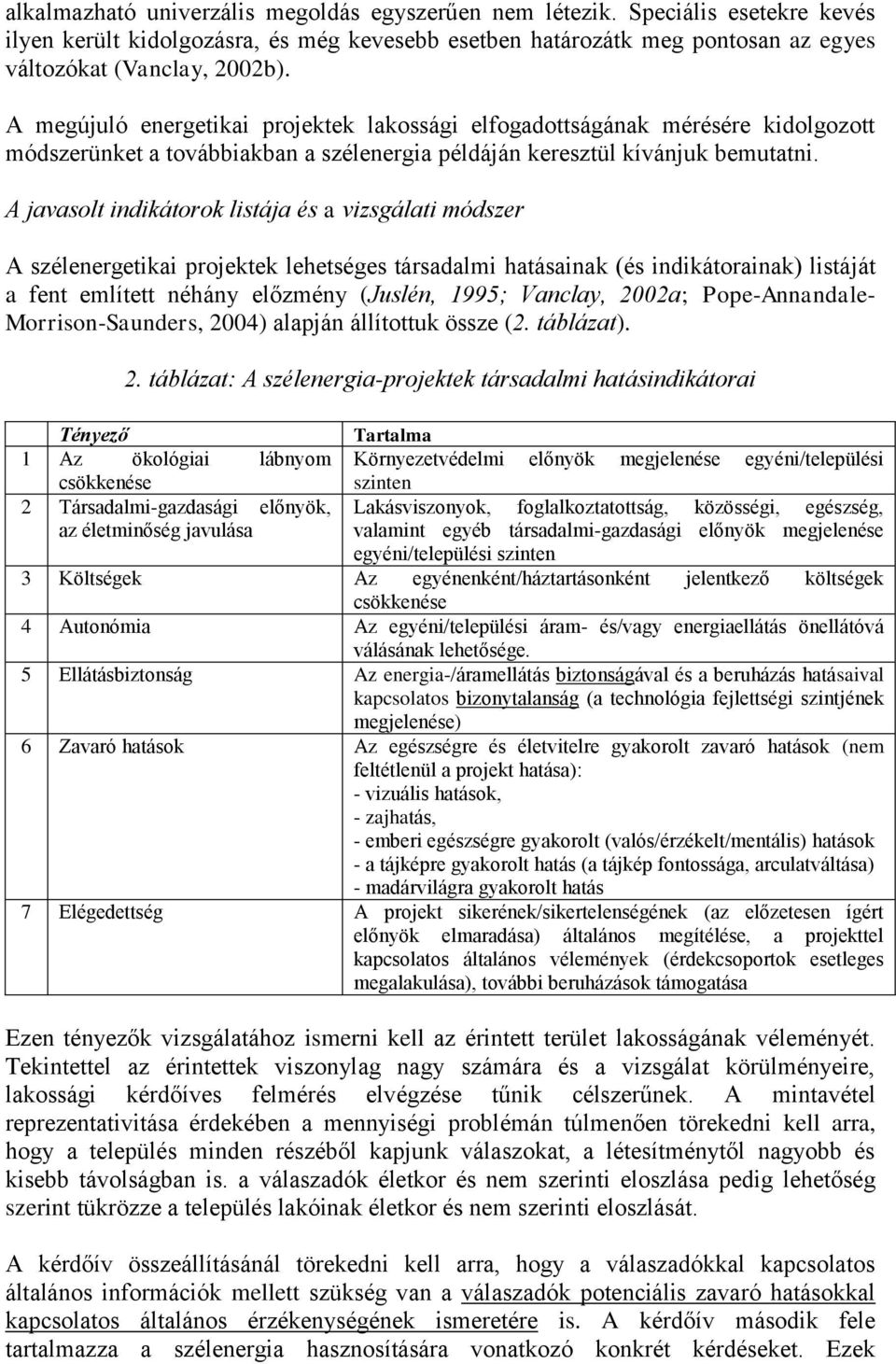 A javasolt indikátorok listája és a vizsgálati módszer A szélenergetikai projektek lehetséges társadalmi hatásainak (és indikátorainak) listáját a fent említett néhány előzmény (Juslén, 1995;