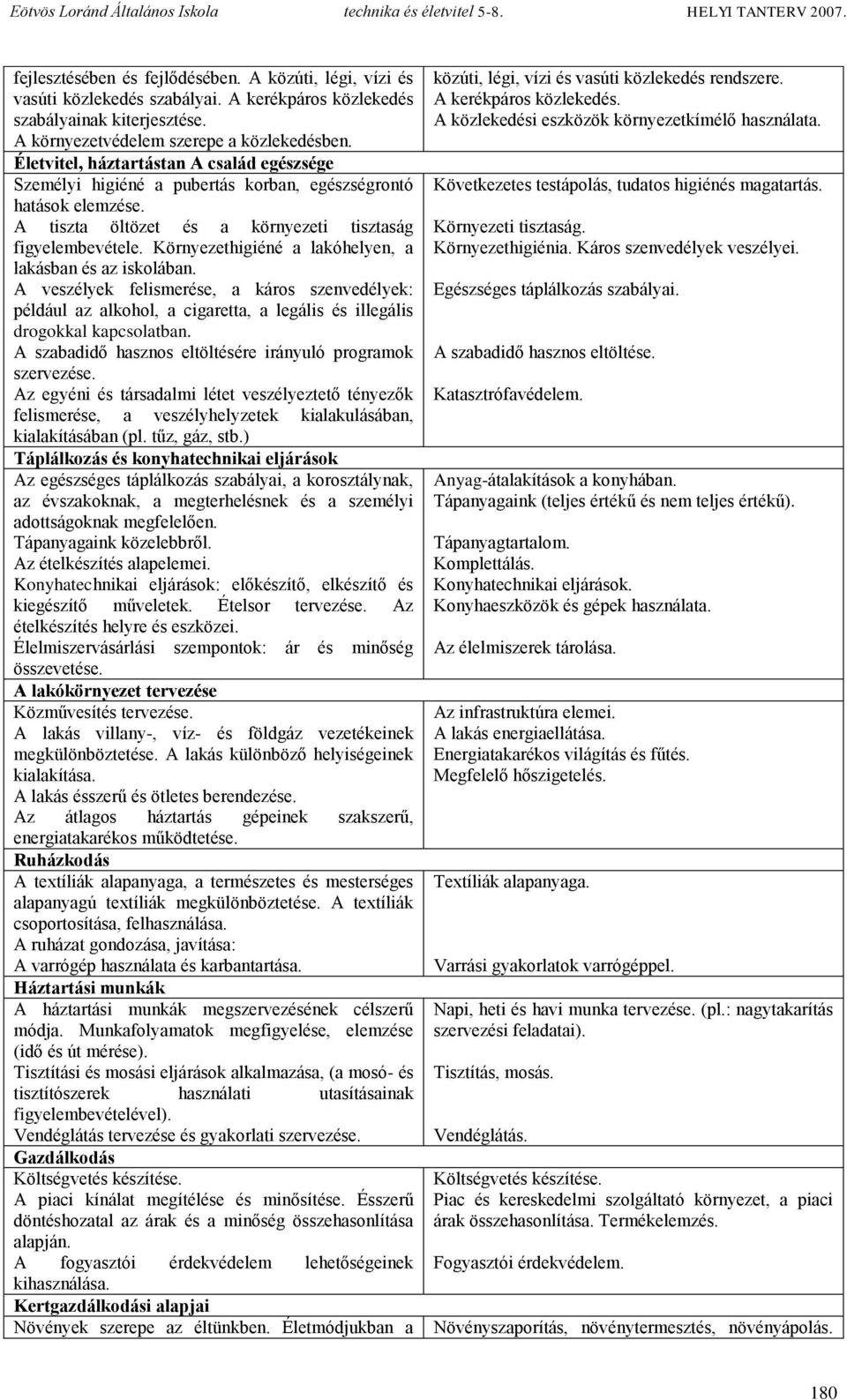 Környezethigiéné a lakóhelyen, a lakásban és az iskolában. A veszélyek felismerése, a káros szenvedélyek: például az alkohol, a cigaretta, a legális és illegális drogokkal kapcsolatban.