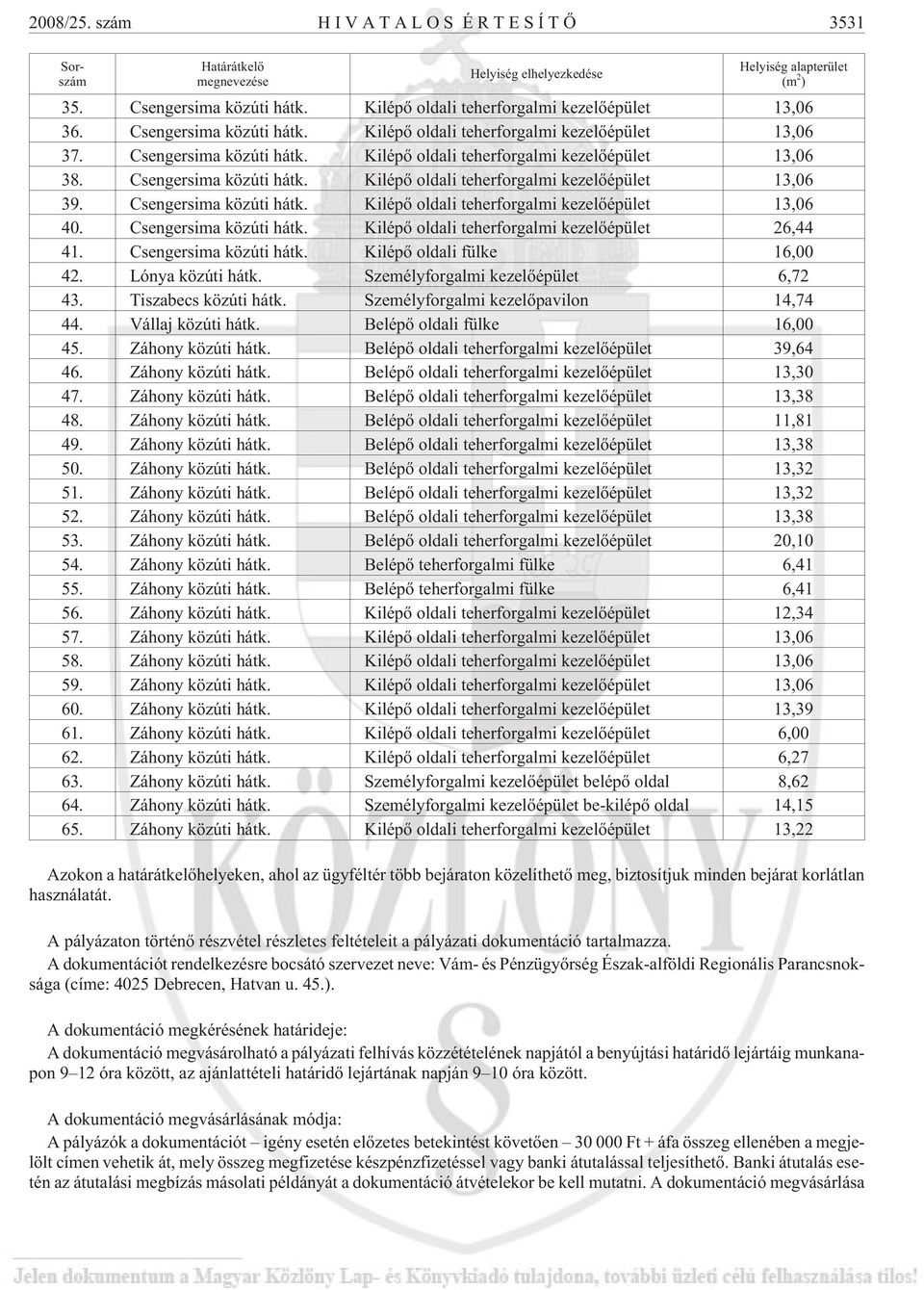 Csengersima közúti hátk. Kilépõ oldali teherforgalmi kezelõépület 13,06 39. Csengersima közúti hátk. Kilépõ oldali teherforgalmi kezelõépület 13,06 40. Csengersima közúti hátk. Kilépõ oldali teherforgalmi kezelõépület 26,44 41.