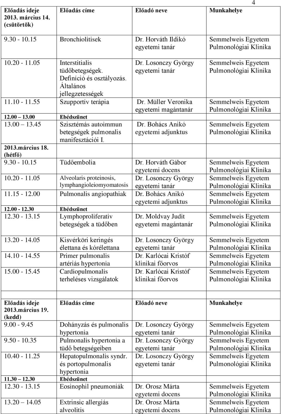 30-10.15 Tüdőembolia Dr. Horváth Gábor 10.20-11.05 Alveolaris proteinosis, lymphangioleiomyomatosis 11.15-12.00 Pulmonalis angiopathiak Dr. Bohács Anikó 12.00-12.30 Ebédszünet 12.30-13.