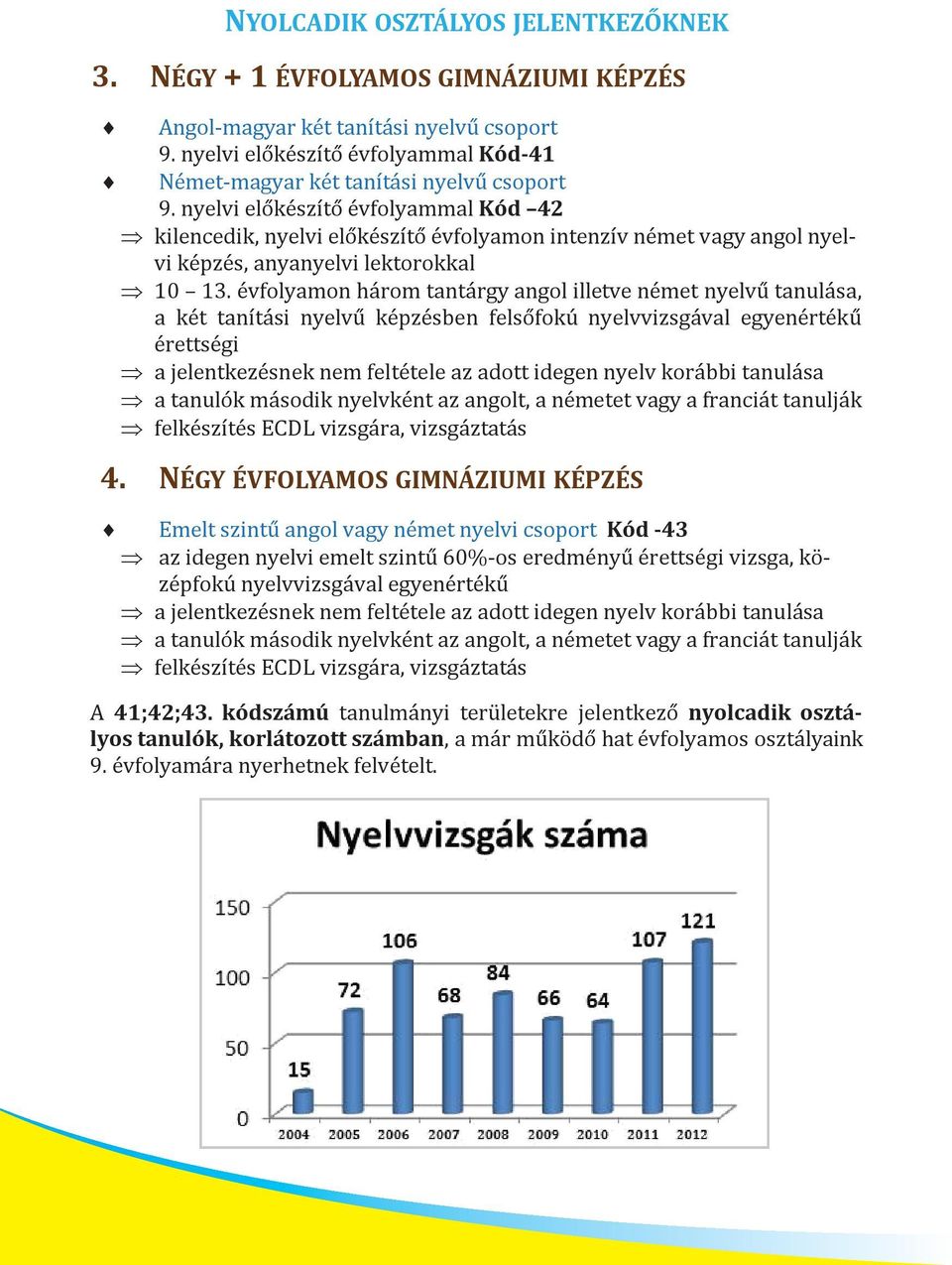 évfolyamon három tantárgy angol illetve német nyelvű tanulása, a két tanítási nyelvű képzésben felsőfokú nyelvvizsgával egyenértékű érettségi a jelentkezésnek nem feltétele az adott idegen nyelv