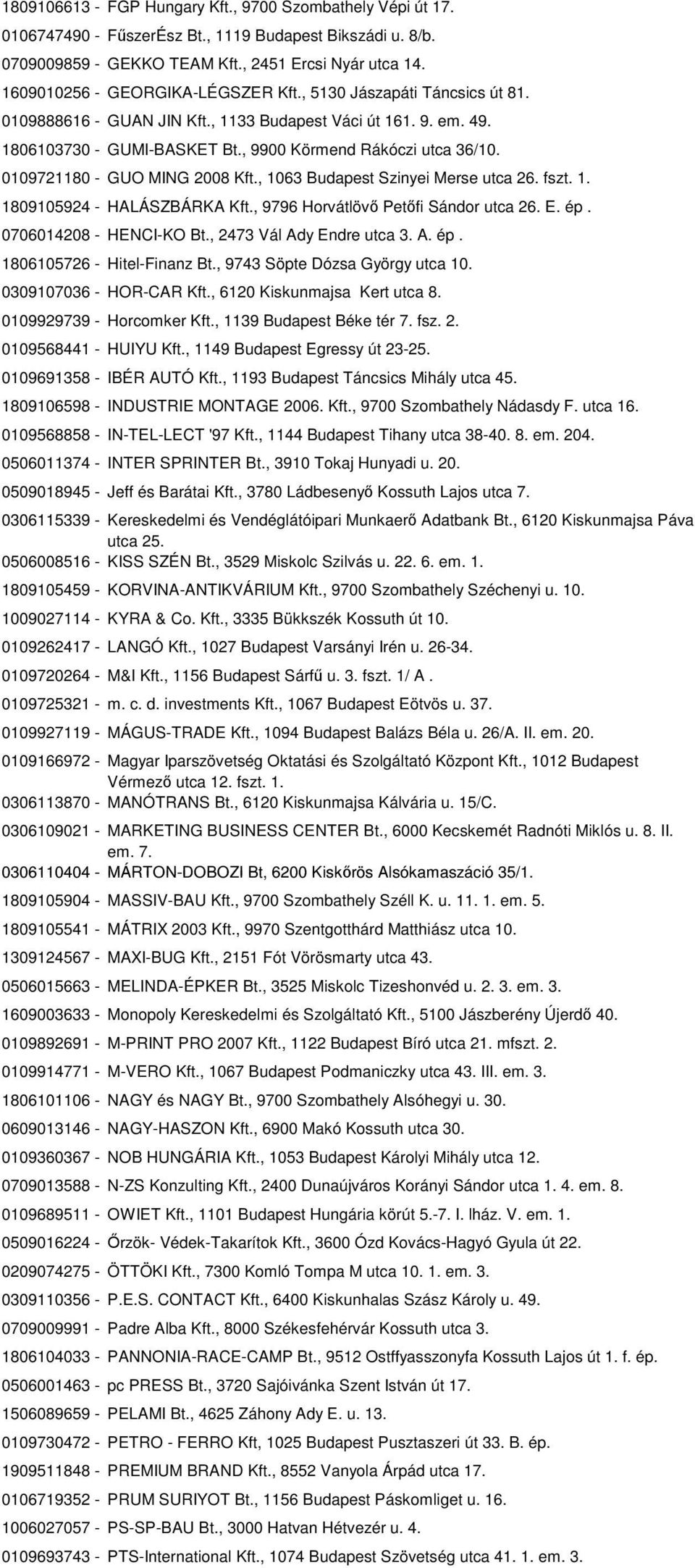 0109721180 - GUO MING 2008 Kft., 1063 Budapest Szinyei Merse utca 26. fszt. 1. 1809105924 - HALÁSZBÁRKA Kft., 9796 Horvátlövő Petőfi Sándor utca 26. E. ép. 0706014208 - HENCI-KO Bt.