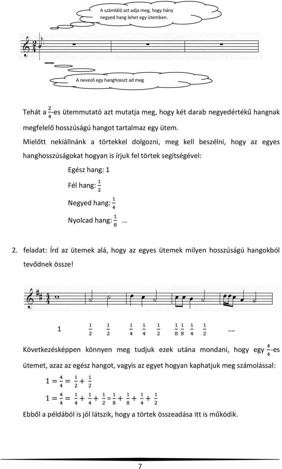 Mielőtt nekiállnánk a törtekkel dolgozni, meg kell beszélni, hogy az egyes hanghosszúságokat hogyan is írjuk fel törtek segítségével: Egész hang: 1 Fél hang: Negyed hang: Nyolcad