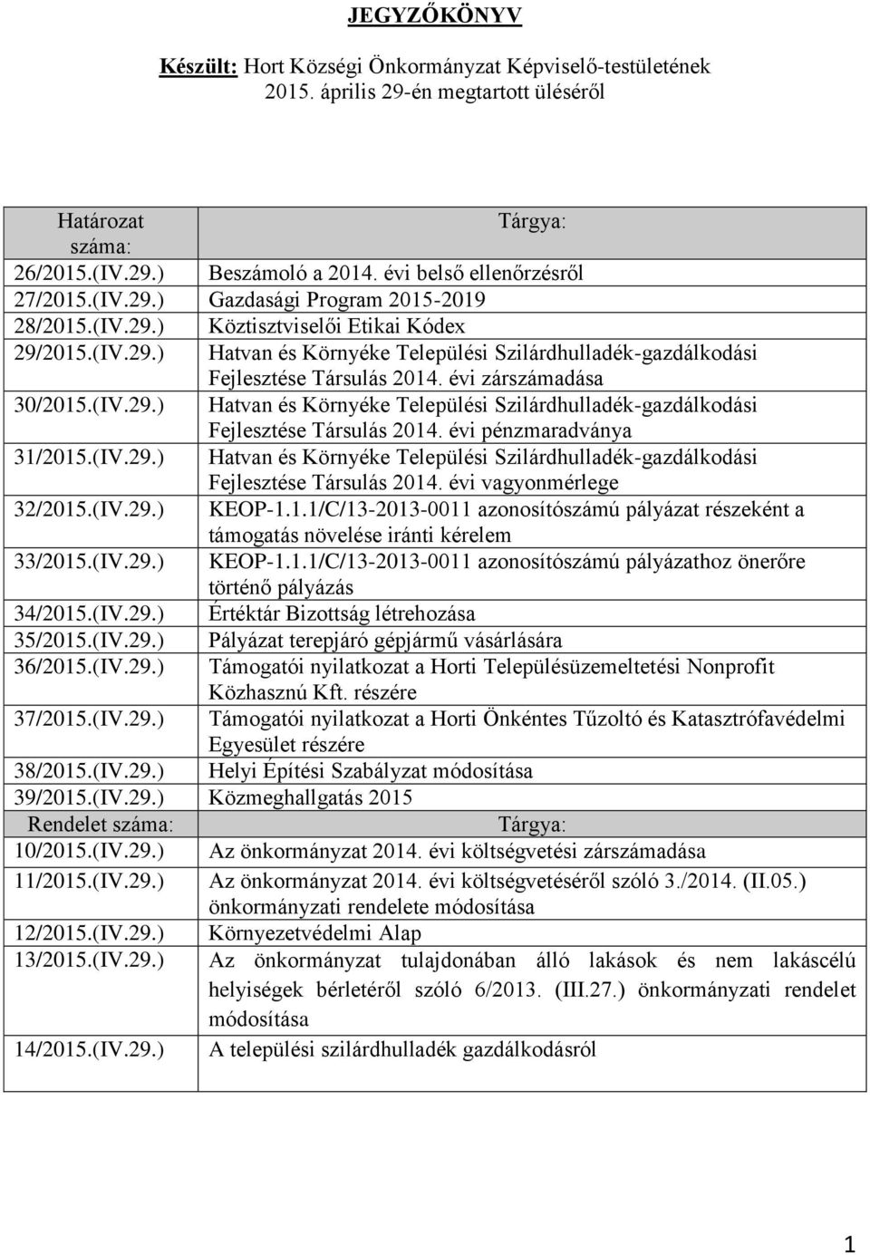 évi zárszámadása 30/2015.(IV.29.) Hatvan és Környéke Települési Szilárdhulladék-gazdálkodási Fejlesztése Társulás 2014. évi pénzmaradványa 31/2015.(IV.29.) Hatvan és Környéke Települési Szilárdhulladék-gazdálkodási Fejlesztése Társulás 2014. évi vagyonmérlege 32/2015.