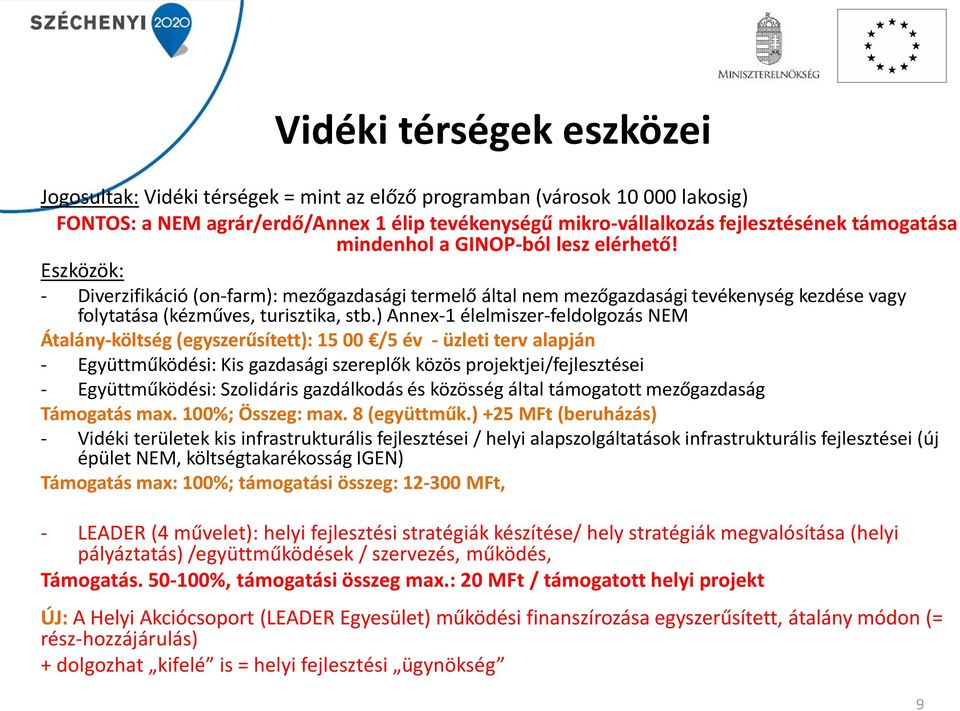 ) Annex-1 élelmiszer-feldolgozás NEM Átalány-költség (egyszerűsített): 15 00 /5 év - üzleti terv alapján - Együttműködési: Kis gazdasági szereplők közös projektjei/fejlesztései - Együttműködési: