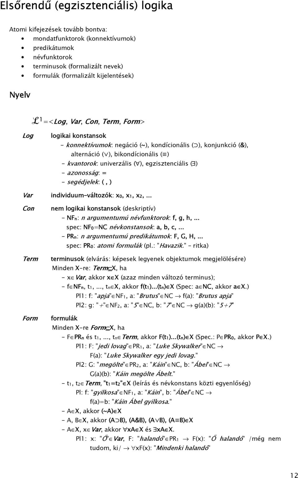 - azonosság: = - segédjelek: (, ) Var indiiduum-áltozók: x0, x1, x2, Con Term Form nem logikai konstansok (deskriptí) - NFn: n argumentumú néfunktorok: f, g, h, spec: NF0=NC nékonstansok: a, b, c, -