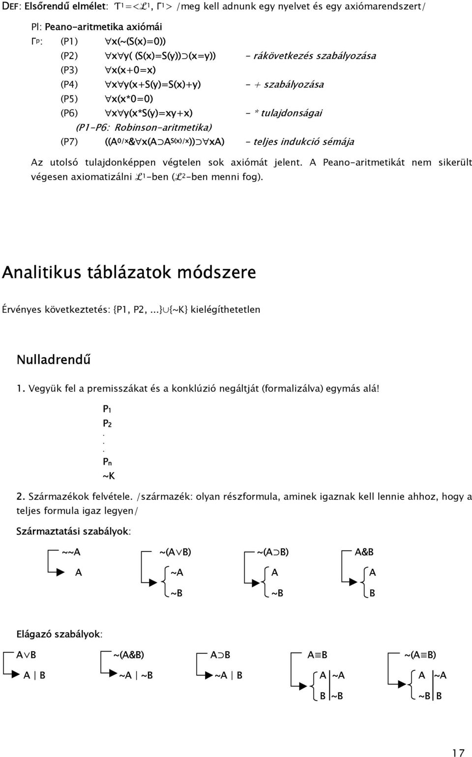 indukció sémája Az utolsó tulajdonképpen égtelen sok axiómát jelent A Peano-aritmetikát nem sikerült égesen axiomatizálni L 1 -ben (L 2 -ben menni fog) Analitikus táblázatok módszere Érényes