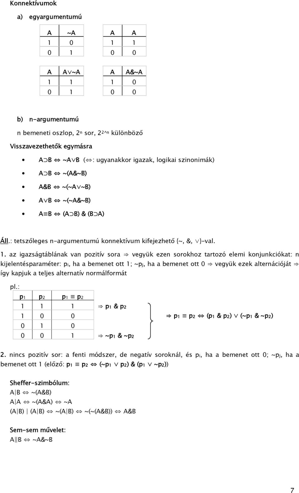 sorokhoz tartozó elemi konjunkciókat: n kijelentésparaméter: pi, ha a bemenet ott 1; ~pj, ha a bemenet ott 0 együk ezek alternációját így kapjuk a teljes alternatí normálformát pl: p1 p2 p1 p2 1 1 1