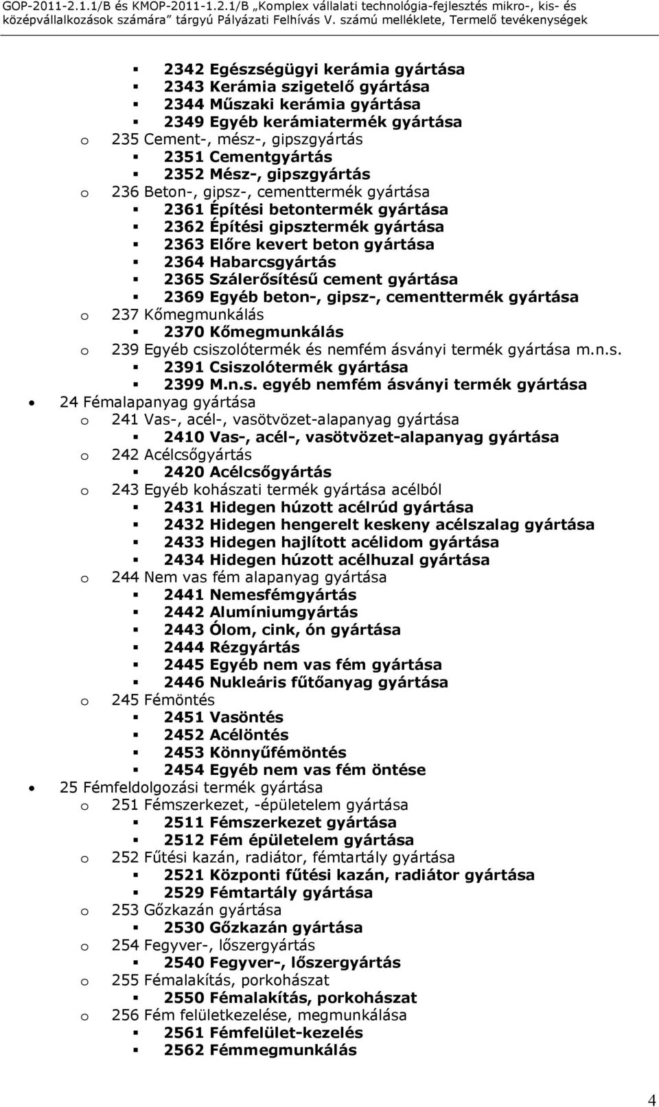 gipszgyártás 2351 Cementgyártás 2352 Mész-, gipszgyártás 236 Betn-, gipsz-, cementtermék gyártása 2361 Építési betntermék gyártása 2362 Építési gipsztermék gyártása 2363 Előre kevert betn gyártása