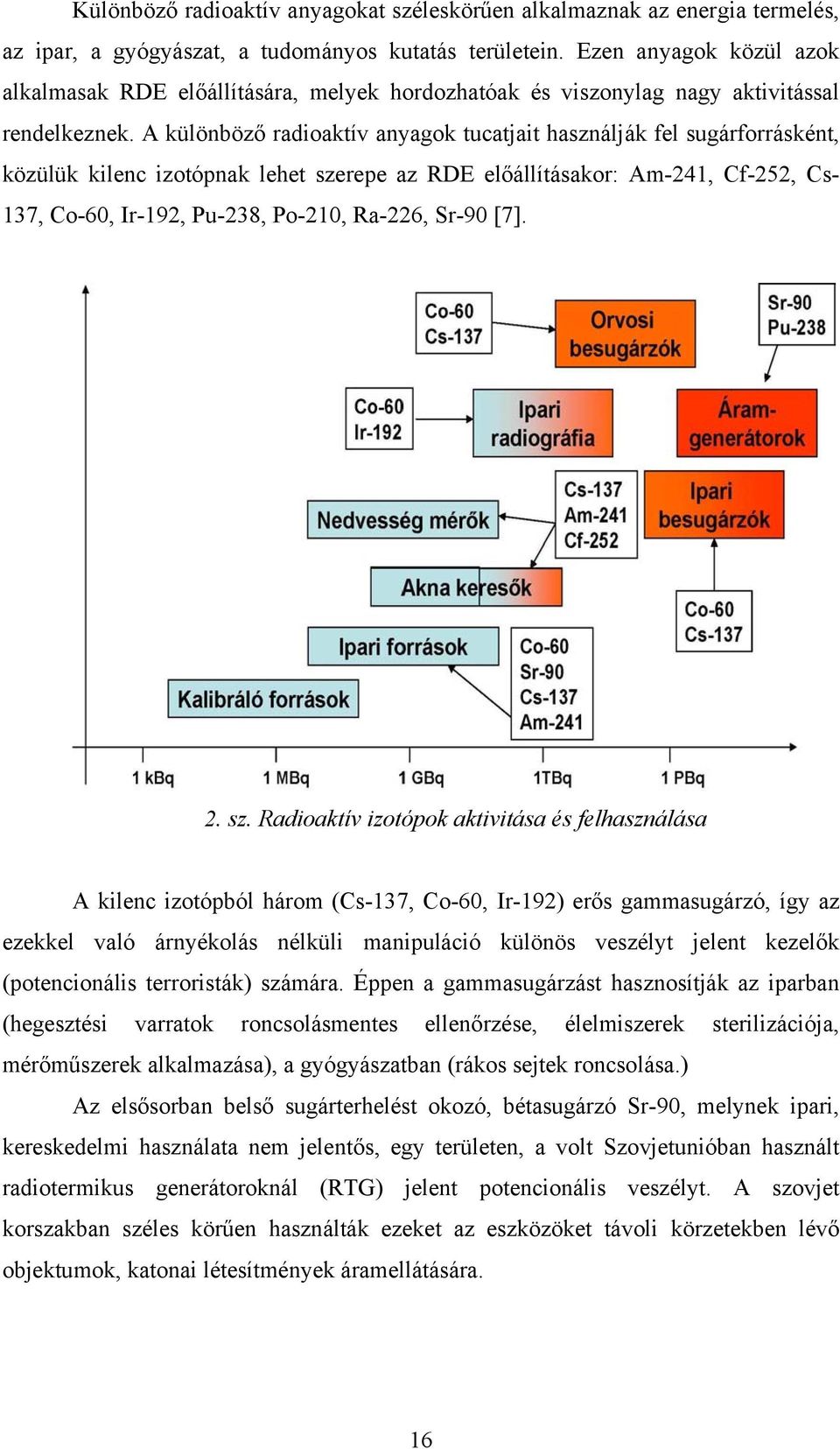 A különböző radioaktív anyagok tucatjait használják fel sugárforrásként, közülük kilenc izotópnak lehet szerepe az RDE előállításakor: Am-241, Cf-252, Cs- 137, Co-60, Ir-192, Pu-238, Po-210, Ra-226,