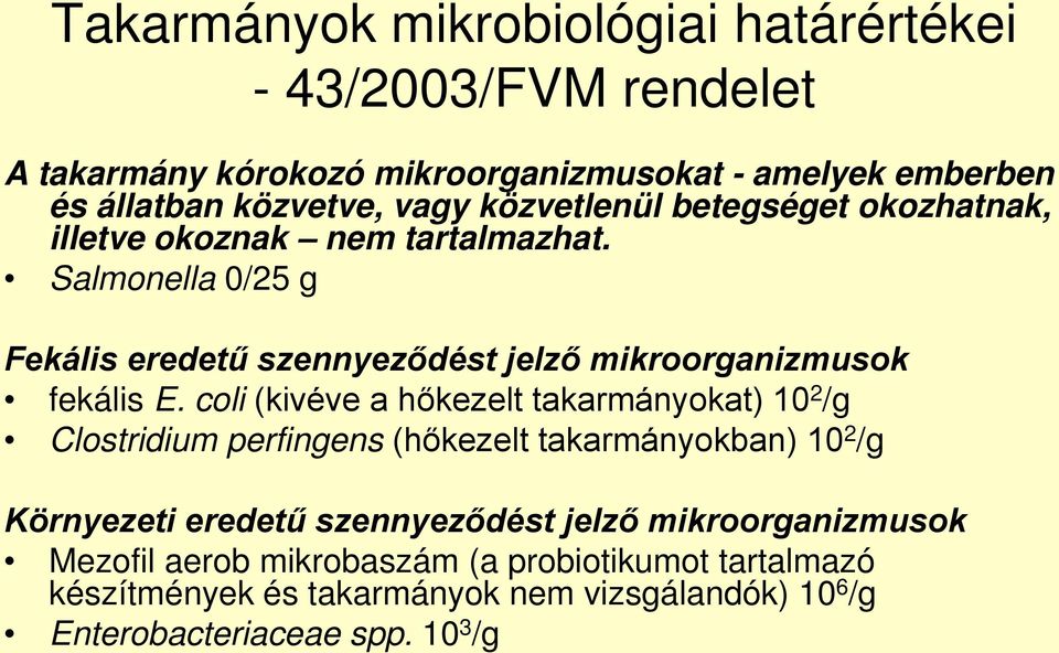 coli (kivéve a hőkezelt takarmányokat) 10 2 /g Clostridium perfingens (hőkezelt takarmányokban) 10 2 /g Környezeti eredetű szennyeződést jelző