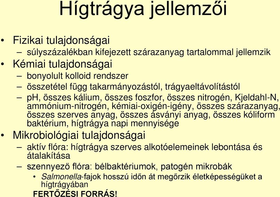 összes szerves anyag, összes ásványi anyag, összes kóliform baktérium, hígtrágya napi mennyisége Mikrobiológiai tulajdonságai aktív flóra: hígtrágya szerves