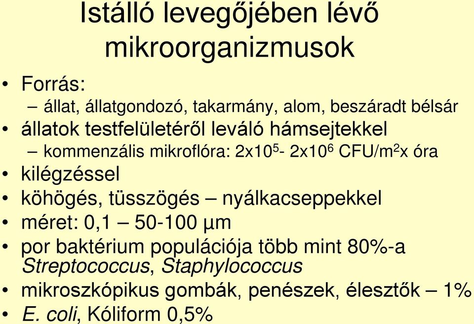 kilégzéssel köhögés, tüsszögés nyálkacseppekkel méret: 0,1 50-100 µm por baktérium populációja több