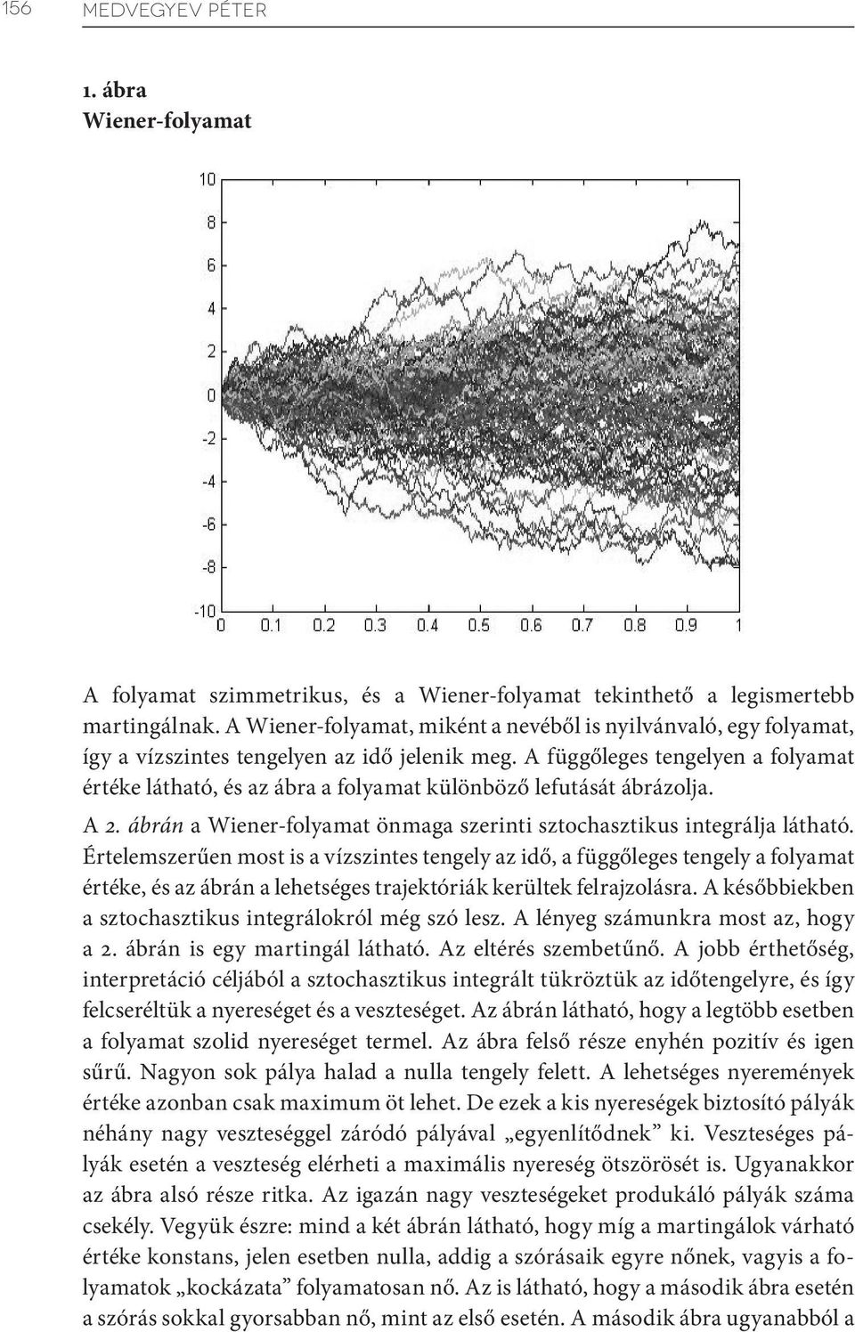 A függőleges tengelyen a folyamat értéke látható, és az ábra a folyamat különböző lefutását ábrázolja. A 2. ábrán a Wiener-folyamat önmaga szerinti sztochasztikus integrálja látható.