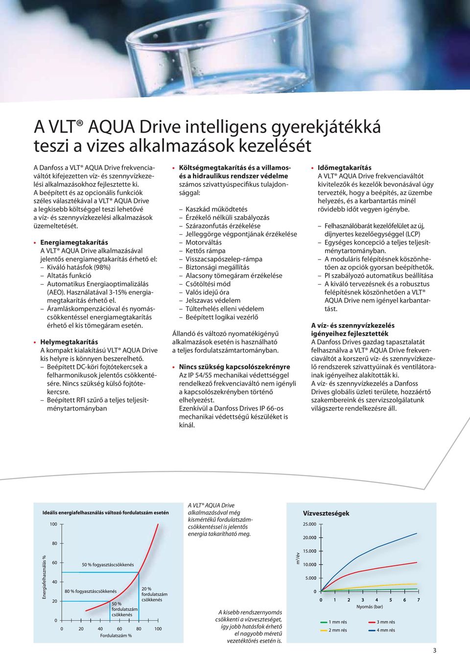 Energiamegtakarítás A VLT AQUA Drive alkalmazásával jelentős energiamegtakarítás érhető el: Kiváló hatásfok (98%) Altatás funkció Automatikus Energiaoptimalizálás (AEO).