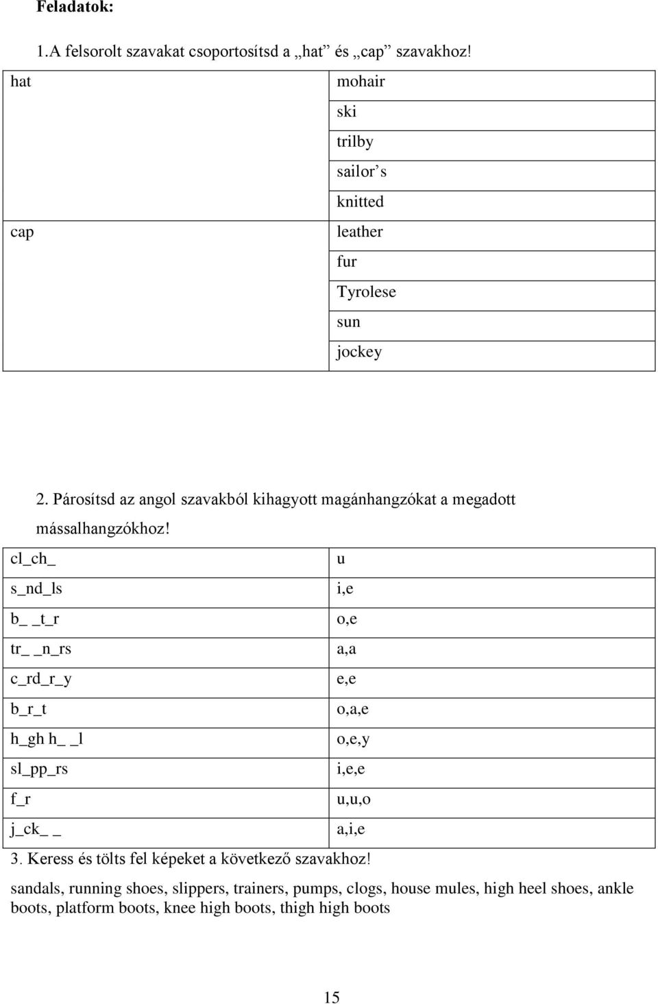 Párosítsd az angol szavakból kihagyott magánhangzókat a megadott mássalhangzókhoz!