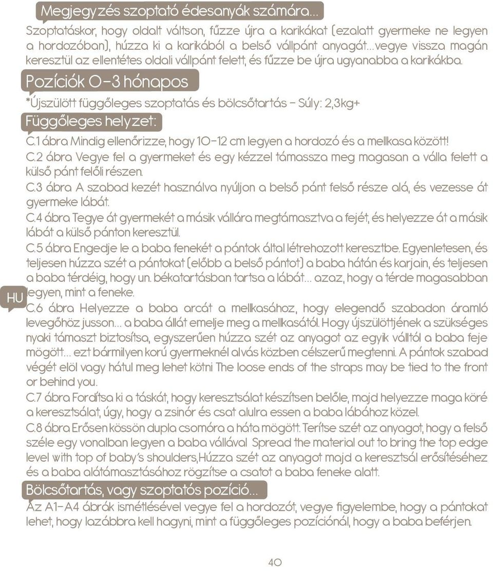 1 ábra Mindig ellenőrizze, hogy 10-12 cm legyen a hordozó és a mellkasa között! C.2 ábra Vegye fel a gyermeket és egy kézzel támassza meg magasan a válla felett a külső pánt felőli részen. C.3 ábra A szabad kezét használva nyúljon a belső pánt felső része alá, és vezesse át gyermeke lábát.