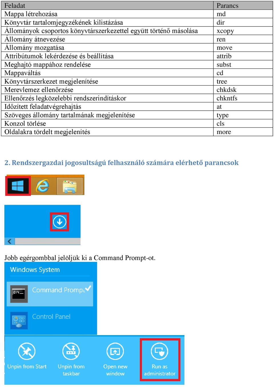 rendszerindításkor Időzített feladatvégrehajtás Szöveges állomány tartalmának megjelenítése Konzol törlése Oldalakra tördelt megjelenítés Parancs md dir xcopy ren move