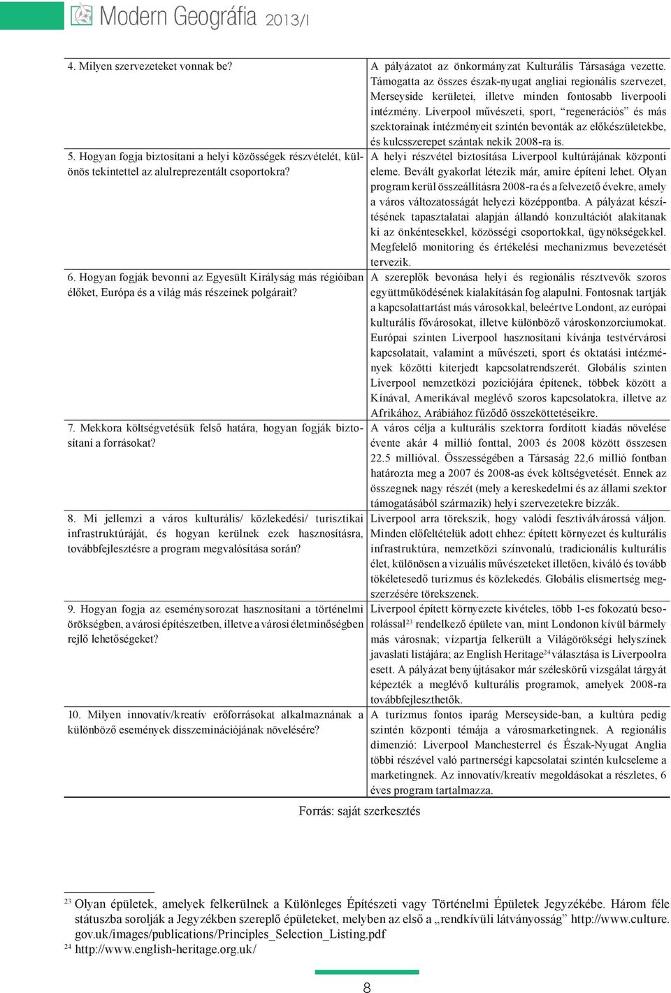 Liverpool művészeti, sport, regenerációs és más szektorainak intézményeit szintén bevonták az előkészületekbe, és kulcsszerepet szántak nekik 2008-ra is. 5.