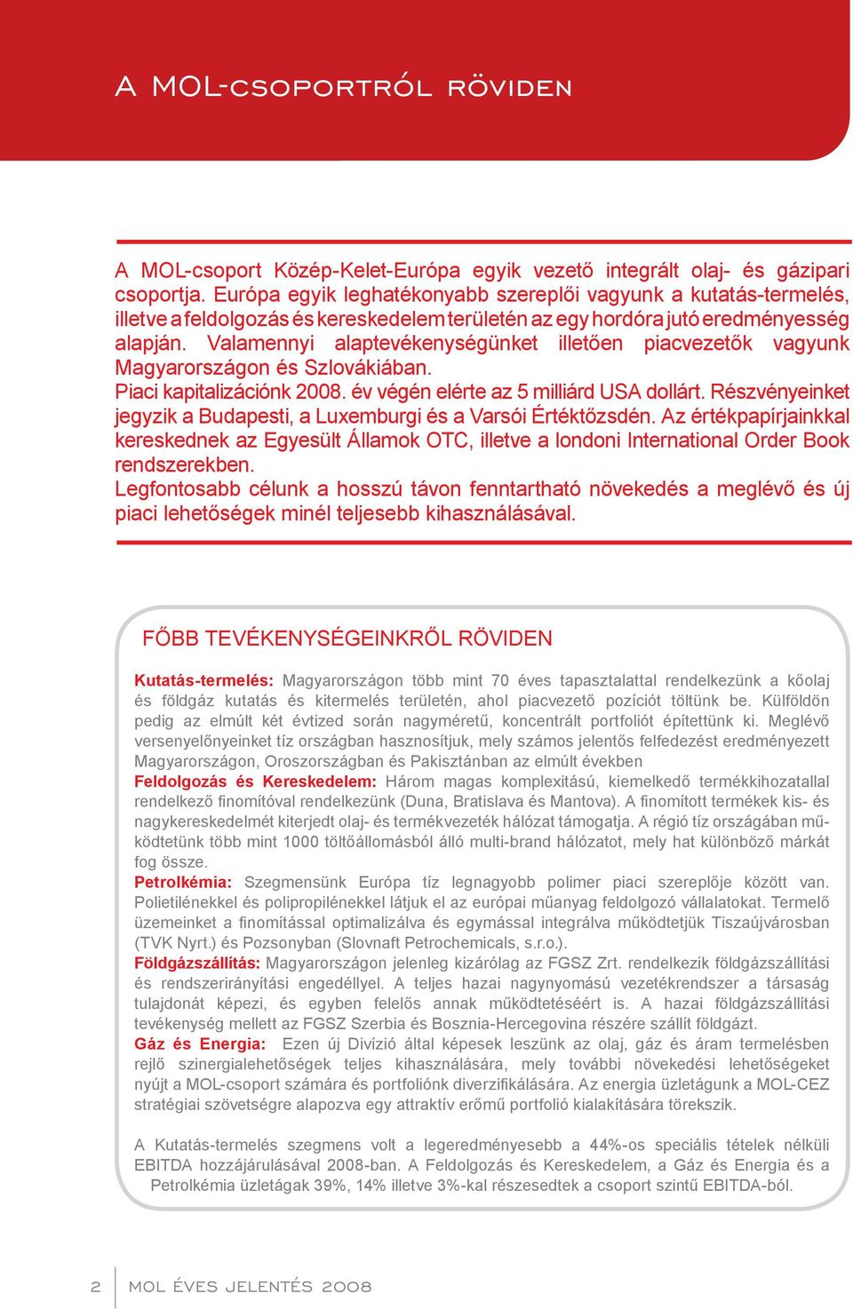 Valamennyi alaptevékenységünket illetően piacvezetők vagyunk Magyarországon és Szlovákiában. Piaci kapitalizációnk 2008. év végén elérte az 5 milliárd USA dollárt.