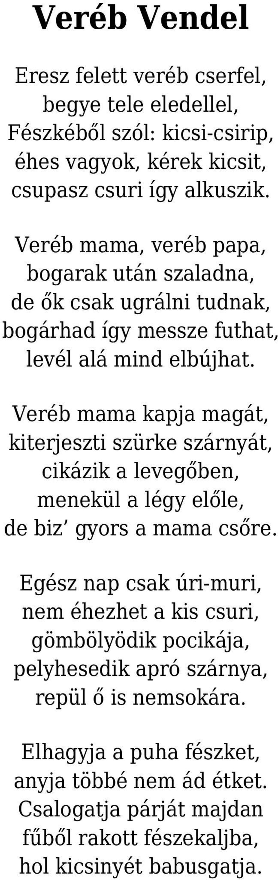 Veréb mama kapja magát, kiterjeszti szürke szárnyát, cikázik a levegőben, menekül a légy előle, de biz gyors a mama csőre.