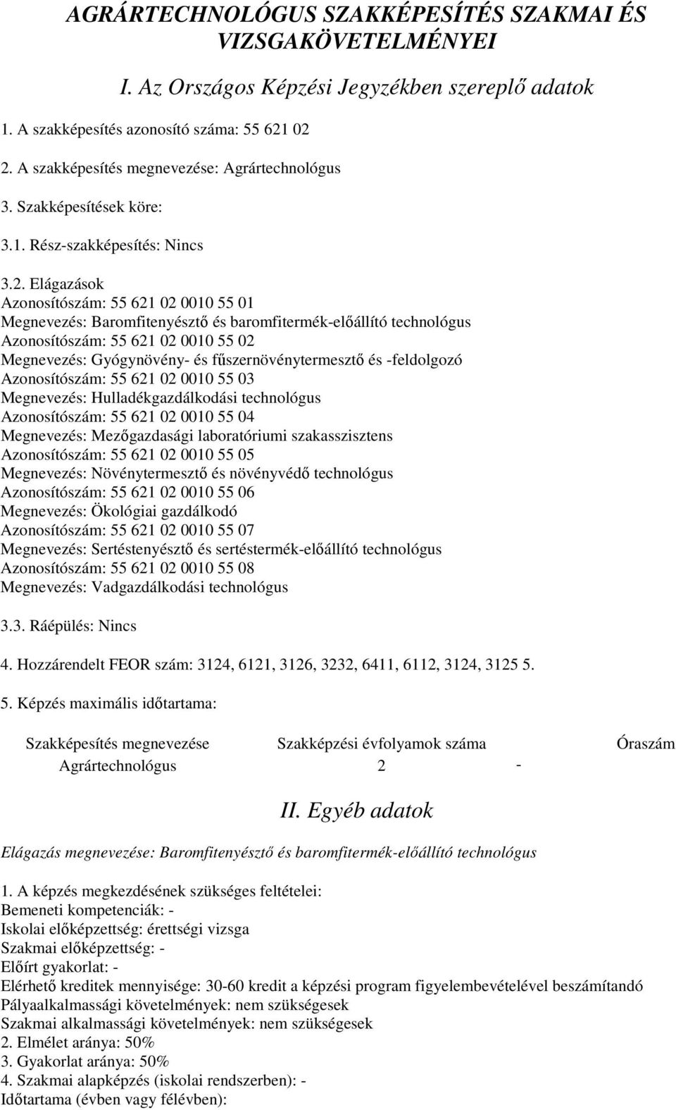 Elágazások Azonosítószám: 55 621 02 0010 55 01 Megnevezés: Baromfitenyésztő és baromfitermék-előállító technológus Azonosítószám: 55 621 02 0010 55 02 Megnevezés: Gyógynövény- és