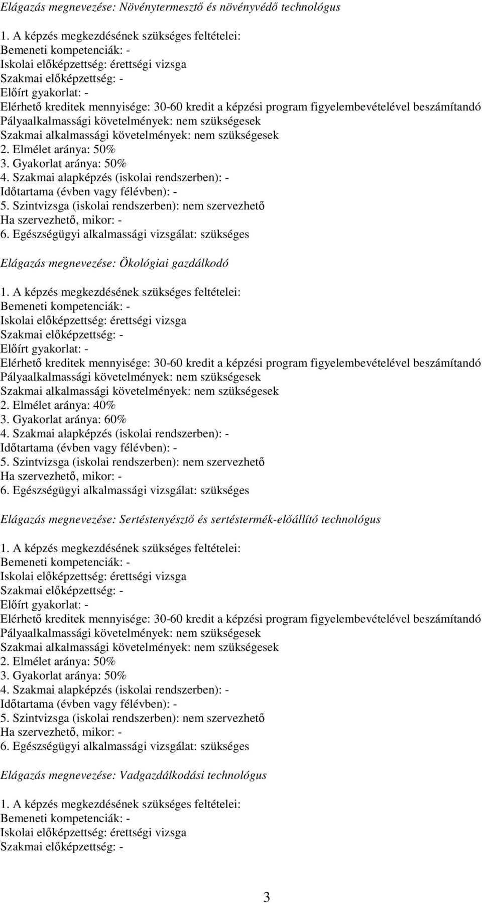 képzési program figyelembevételével beszámítandó Pályaalkalmassági követelmények: nem szükségesek Szakmai alkalmassági követelmények: nem szükségesek 2. Elmélet aránya: 50% 3. Gyakorlat aránya: 50% 4.