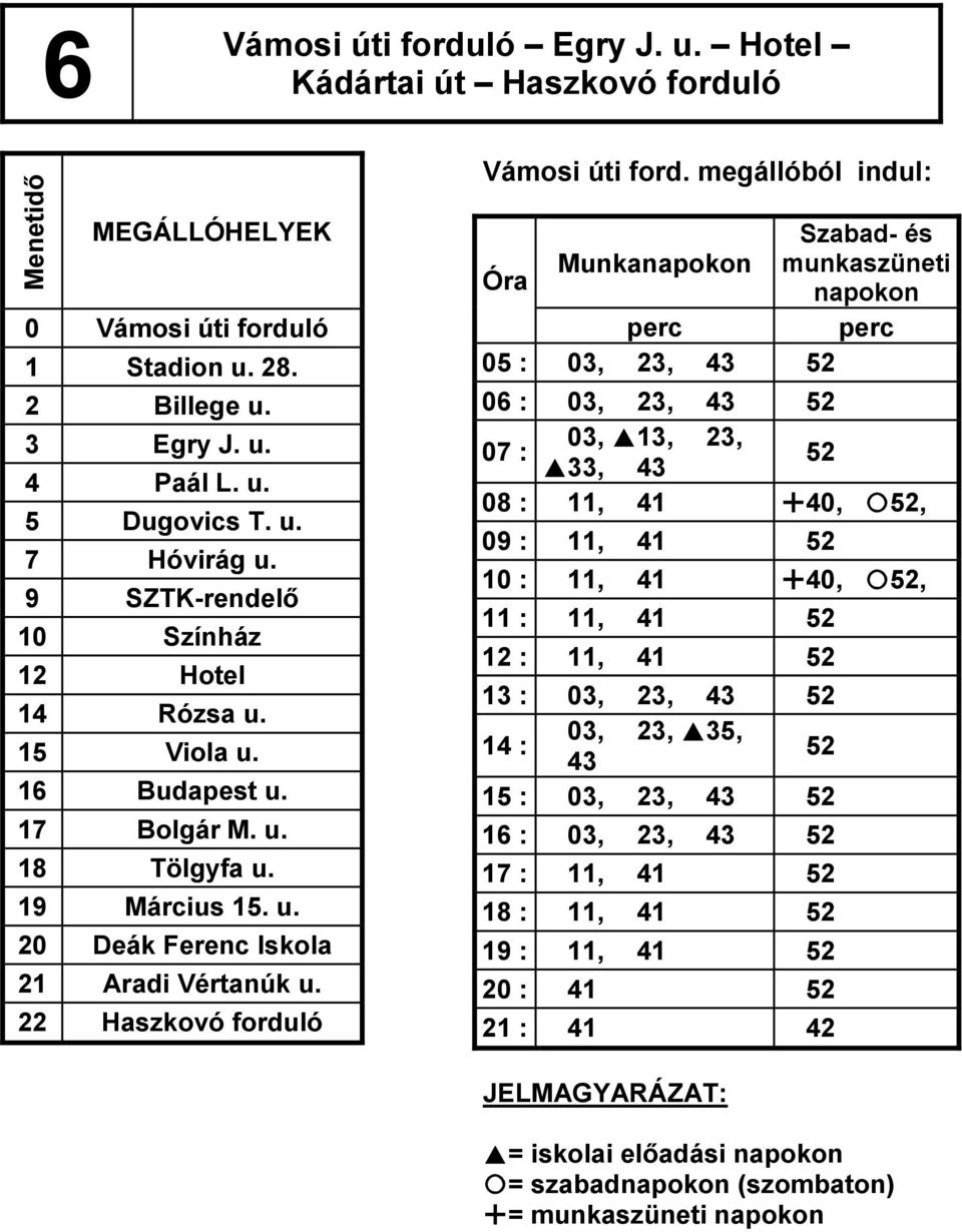 22 Haszkovó forduló Szabad- és Óra Munkanapokon munkaszüneti napokon 05 : 03, 23, 43 52 06 : 03, 23, 43 52 03,,13, 23, 07 : 52,33, 43 08 : 11, 41 (40, #52, 09 : 11, 41 52 10 : 11, 41 (40, #52, 11 :