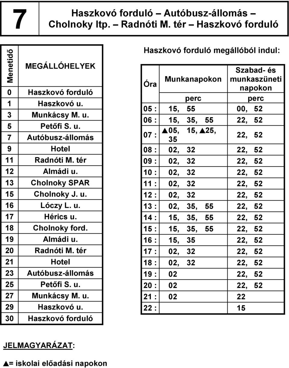 30 Haszkovó forduló Szabad- és Óra Munkanapokon munkaszüneti napokon 05 : ç15,ç55 00, 52 06 : ç15,ç35,ç55 22, 52,05, 15,,25, 07 : 35 22, 52 08 : ç02,ç32 22, 52 09 : ç02,ç32 22, 52 10 : ç02,ç32 22, 52