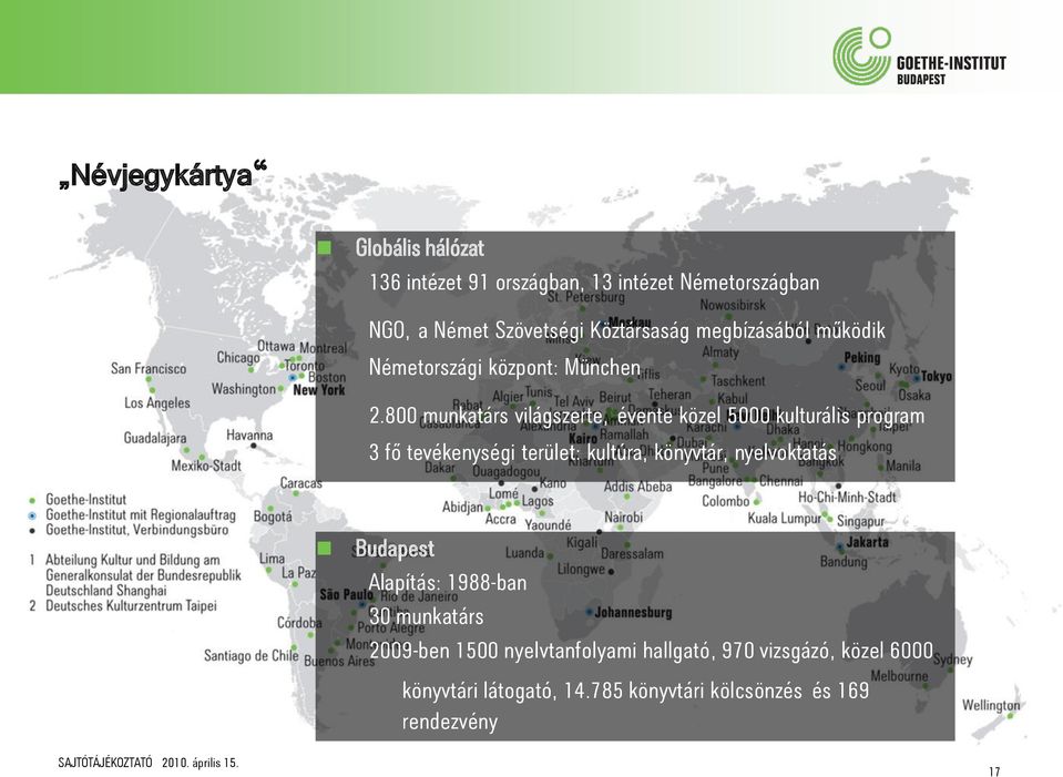 800 munkatárs világszerte, évente közel 5000 kulturális program 3 fő tevékenységi terület: kultúra, könyvtár, nyelvoktatás